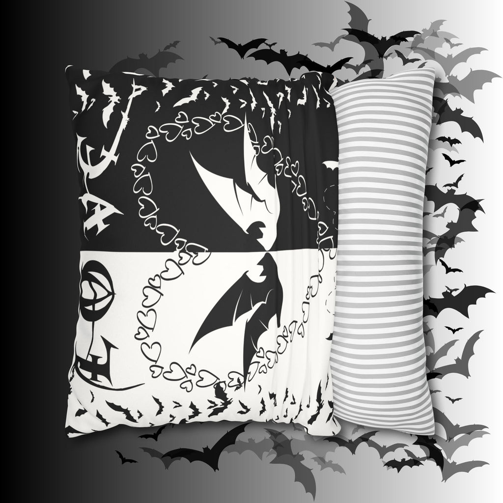 Gothic Bats Heart Throw Pillow — Black White Halloween Dark Home Decor
