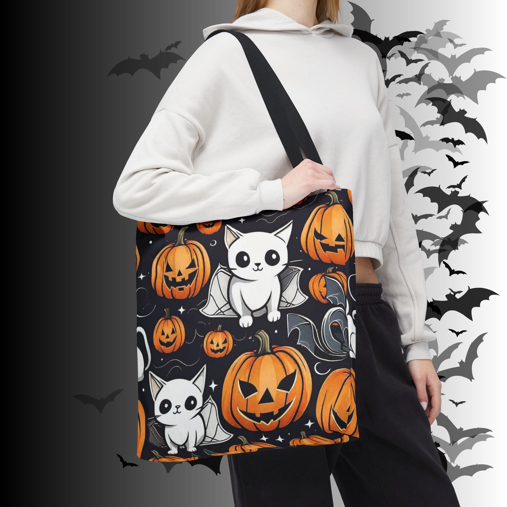 Kawaii Bat Cat Halloween Tote Bag — Spooky Pumpkin Pattern