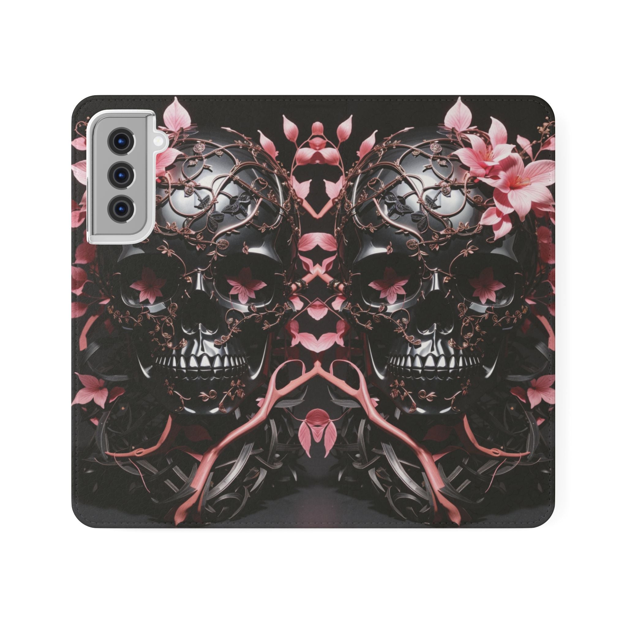 Pink Pastel Goth Skull Flip Wallet Phone Case - Skull Wallet Case for Samsung iPhone - Gothic Style Skull Wallet Phone Cases