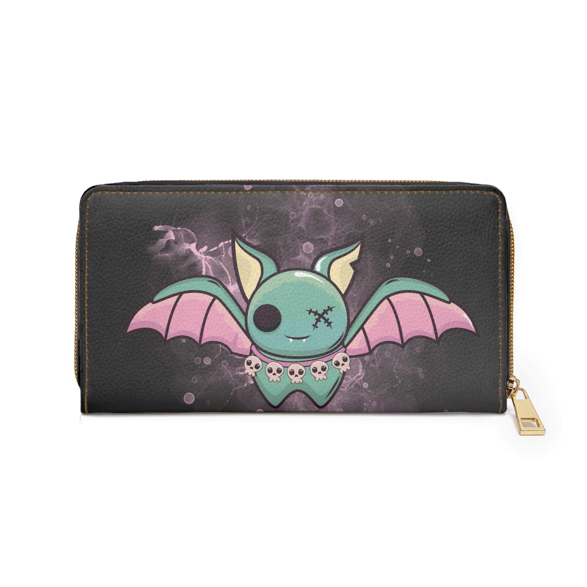 Pastel Goth Kawaii Bat Skull Wallet | Spooky Teal Faux Leather Zipper Clutch