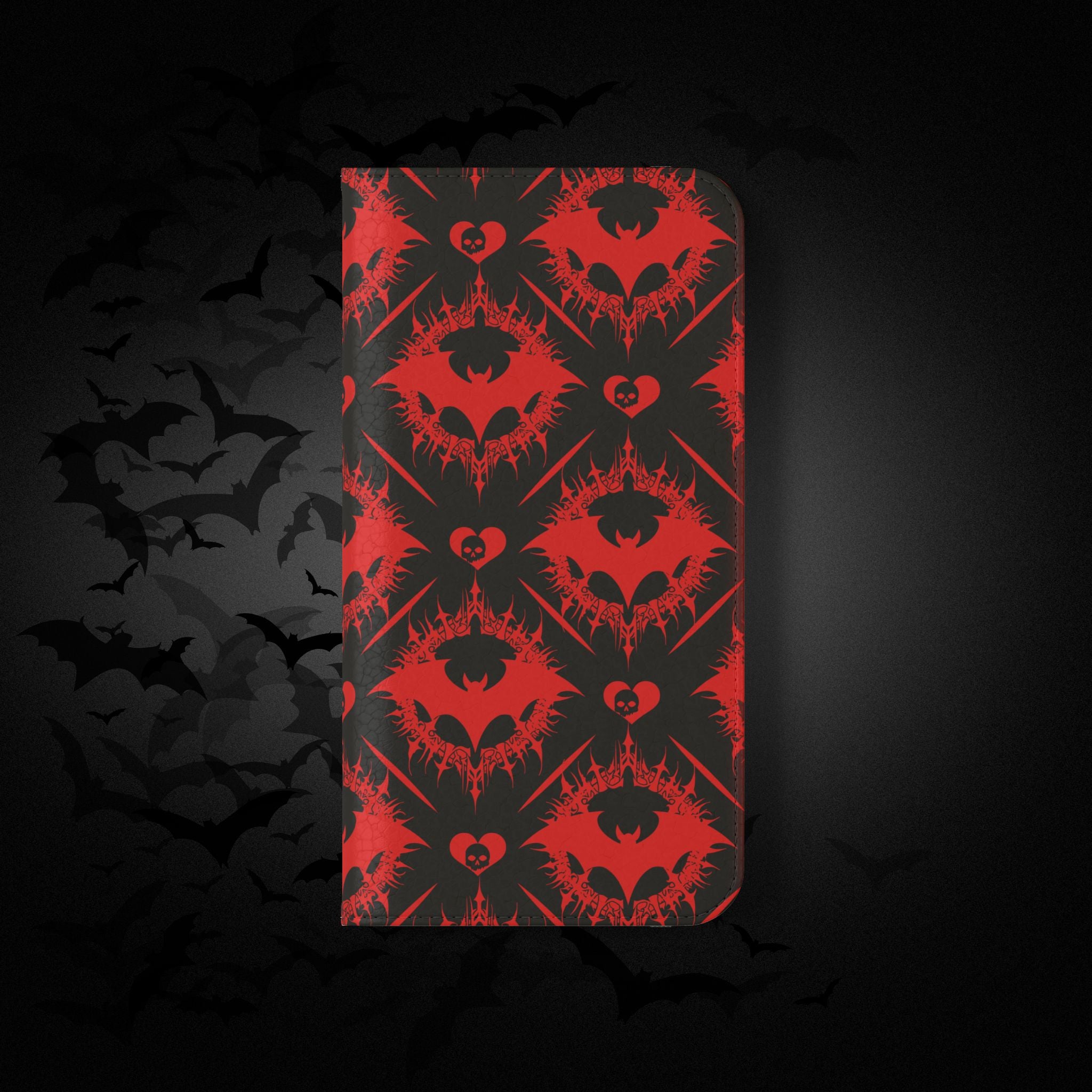 Gothic Bat Wallet Flip Case - Elegant Goth Phone Wallet - Bat Pattern Flip Case - Gothic Phone Case - Stylish Wallet Phone Case