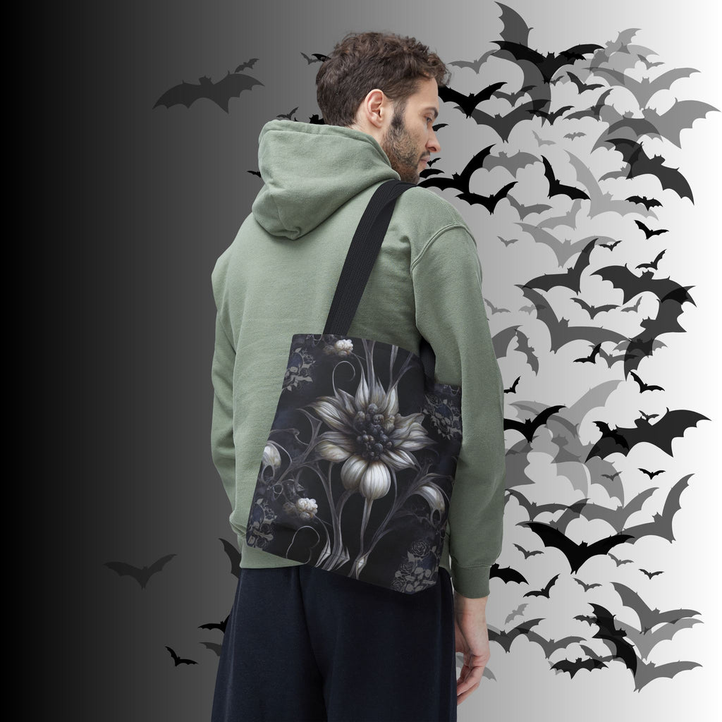 Gothic Botanical Skull Tote Bag — Dark Floral All-Over Print