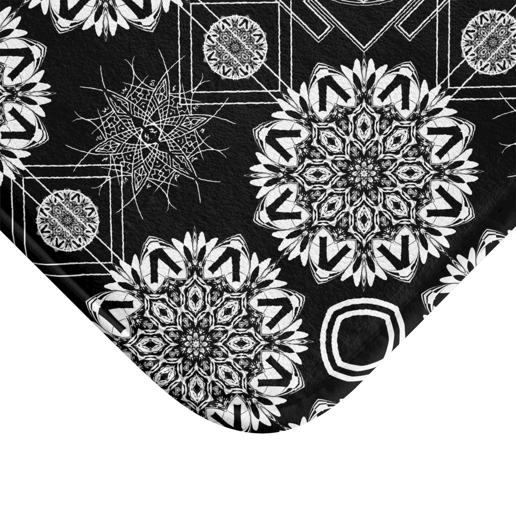 Sacred Geometry Bath Mat — Mystical Black & White Mandala Bathroom Decor