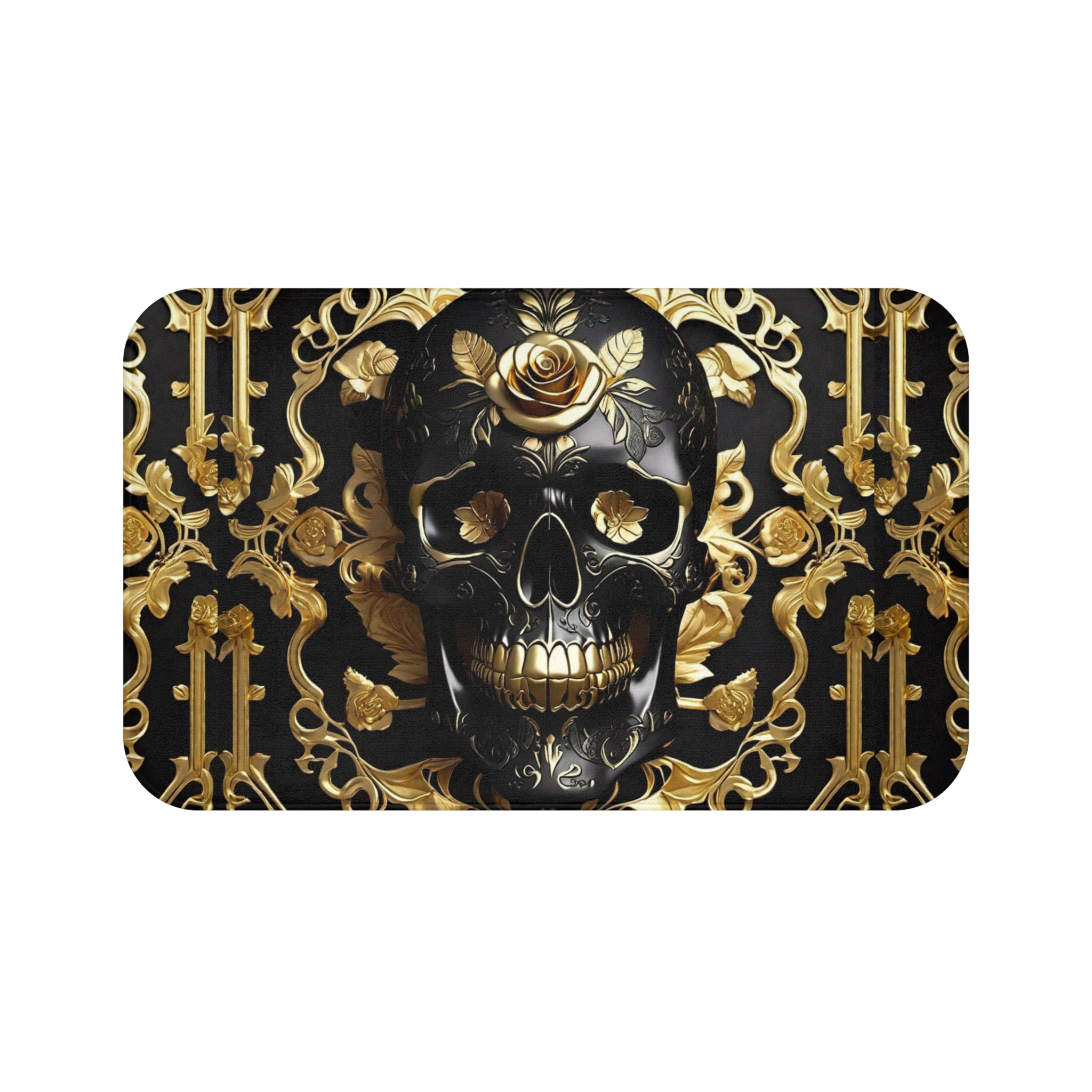 Gothic Black & Gold Skull Bath Mat — Luxury Baroque Bathroom Decor