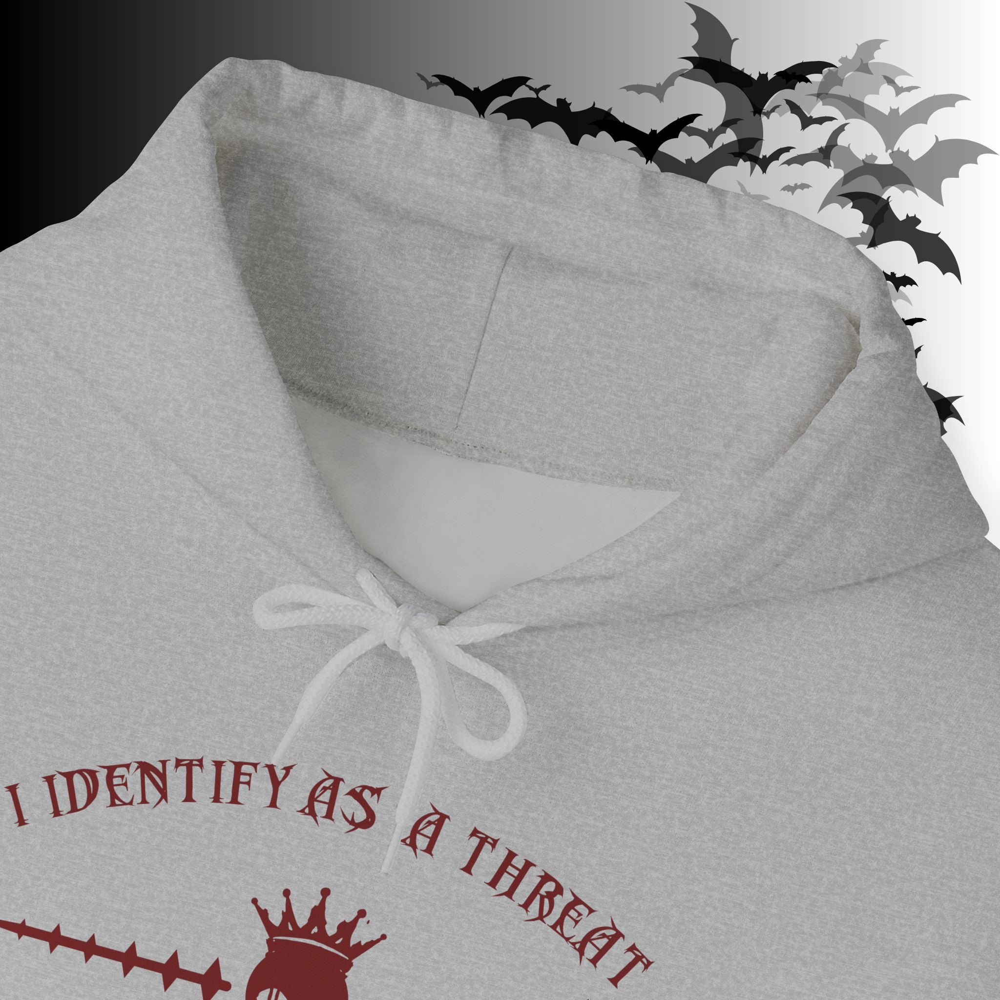 I Identify As a Threat Hoodie — Gothic Skull Sleeve Print Fuck Around Find Out
