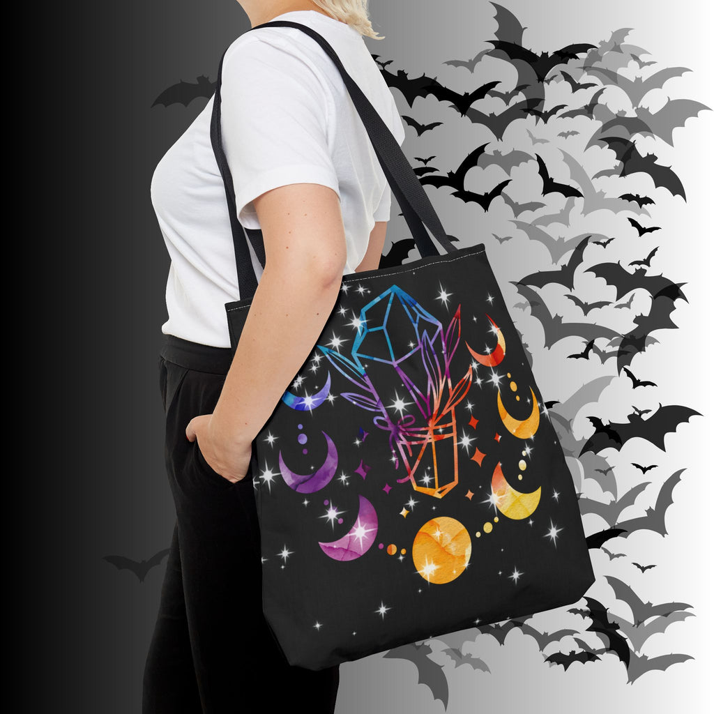 Rainbow Crystal Moon Phase Tote Bag — Celestial Witchy Print