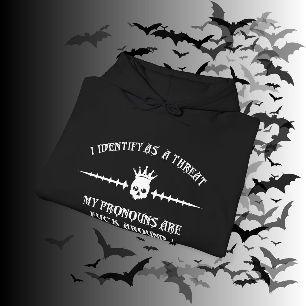 I Identify As a Threat Hoodie — Gothic Skull Sleeve Print FAFO Black