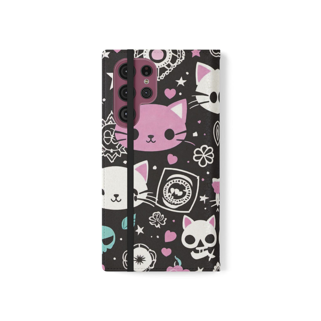 Pastel Goth Cat Flip Wallet Phone Case - Goth Cat Wallet Case for Samsung iPhone - Gothic Style Cats Wallet Phone Cases