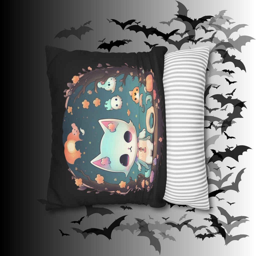 Creepy Cute Pastel Goth Cat Throw Pillow — Kawaii Halloween Dark Home Decor