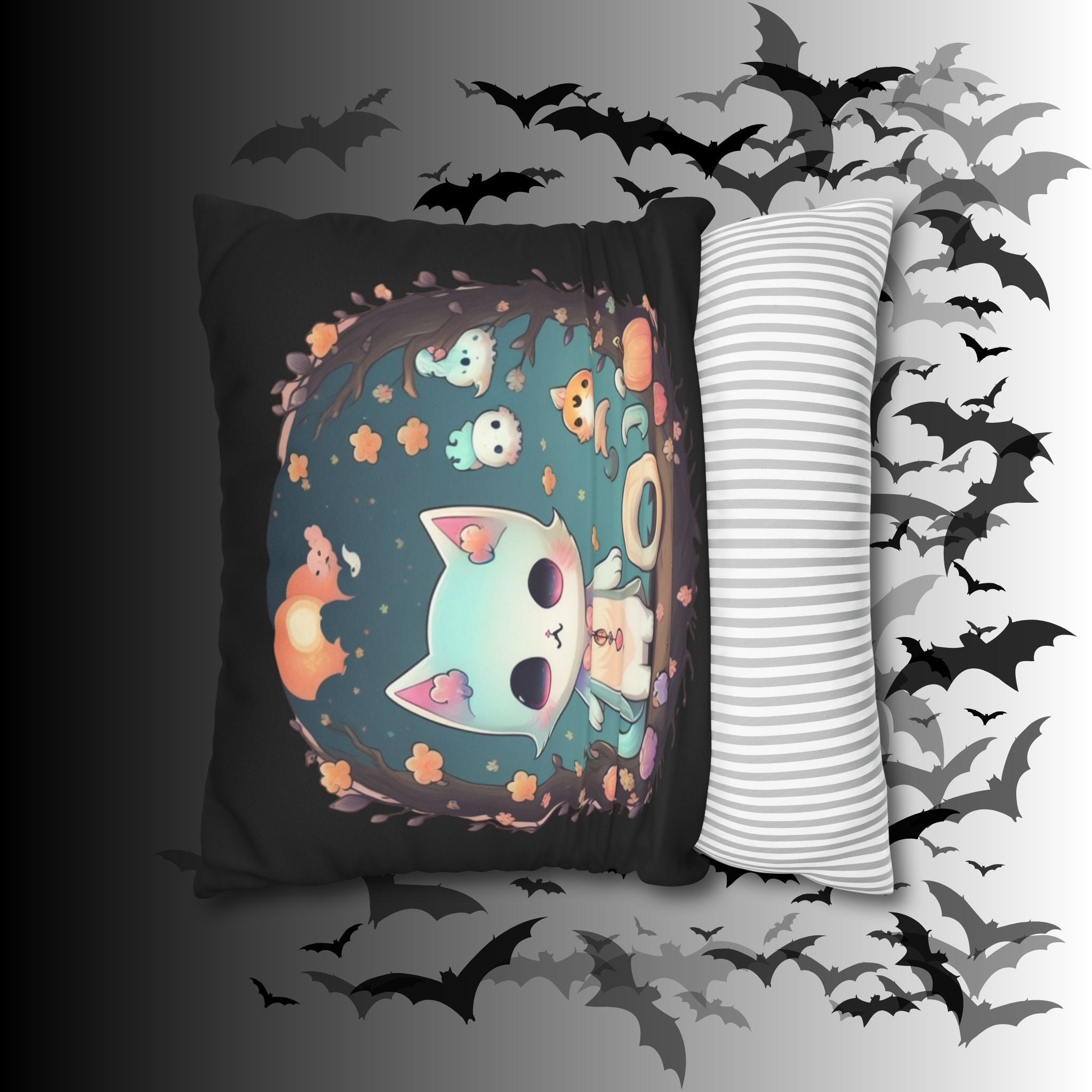 Creepy Cute Pastel Goth Cat Throw Pillow — Kawaii Halloween Dark Home Decor