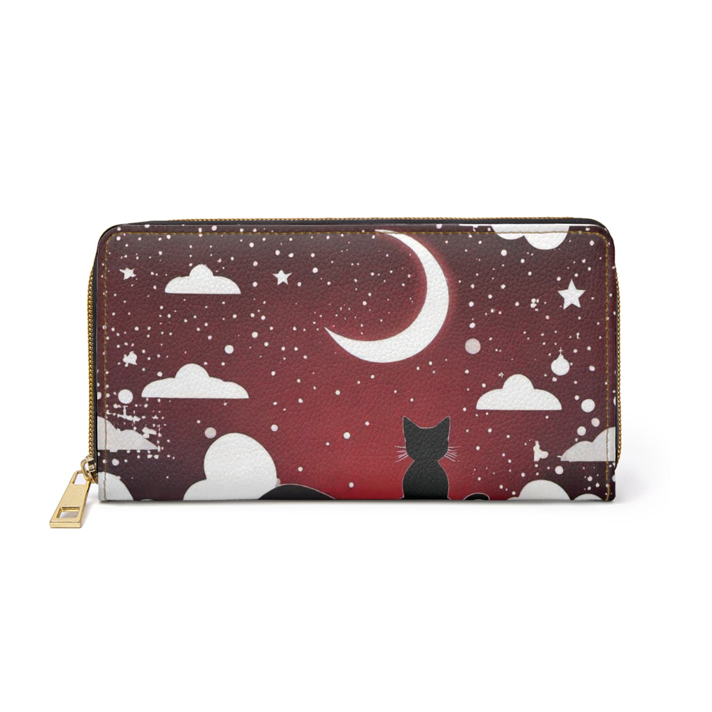 Gothic Black Cat Crescent Moon Wallet | Crimson Night Sky Faux Leather Zipper Clutch