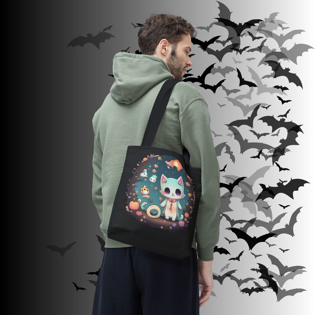 Pastel Goth Kawaii Cat Halloween Tote Bag — Moonlit Forest Scene