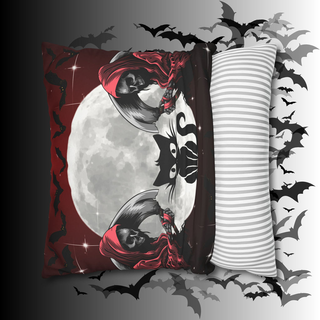 Gothic Black Cat Grim Reaper Throw Pillow — Moonlit Dark Home Decor