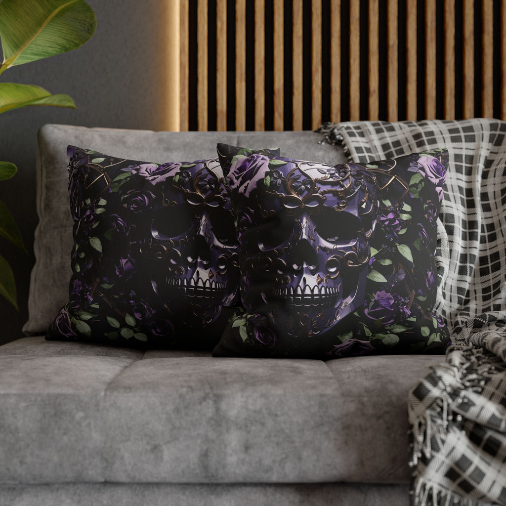 Gothic Black Purple Skull Throw Pillow — Dark Floral Botanical Home Decor