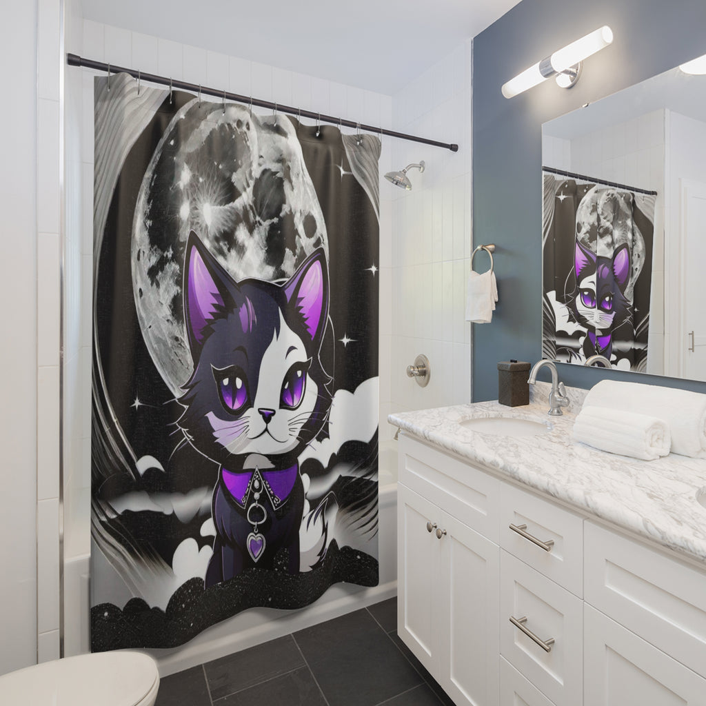 Pastel goth shower curtain featuring a kawaii black cat with purple eyes and heart gem collar against a large full moon and dark cloudy sky