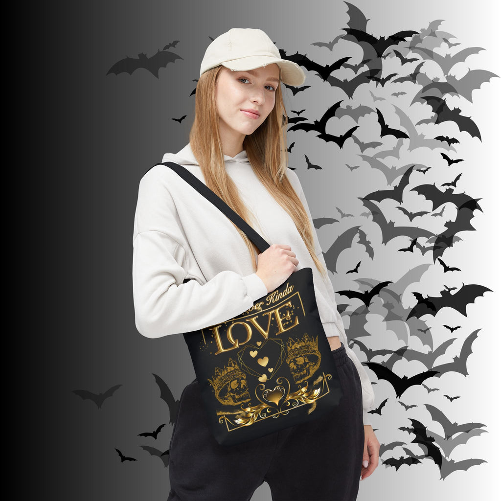 "That Forever Kinda Love" Gothic Skull Crown Tote Bag — Dark Romance Gold Print