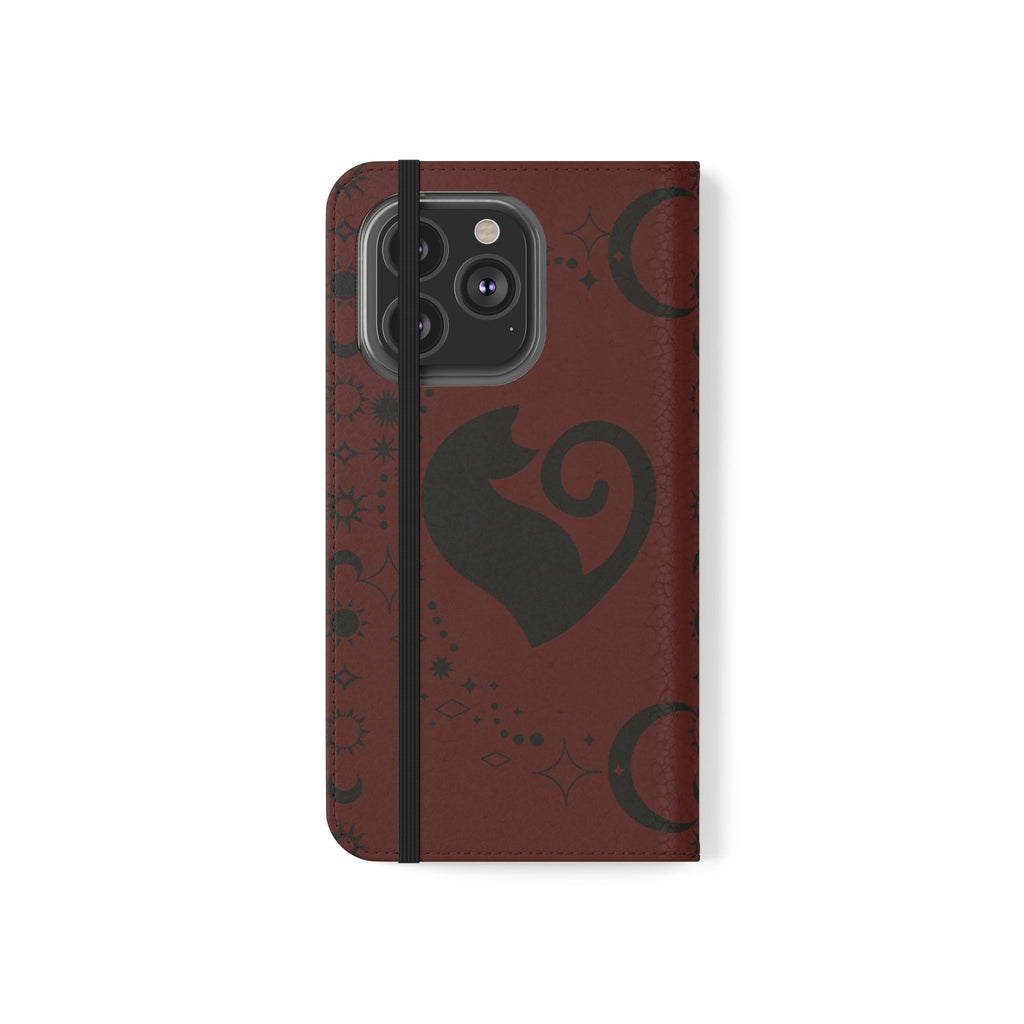 Dark Academia Celestial Black Cat Flip Wallet Case for iPhone and Samsung Galaxy Phones