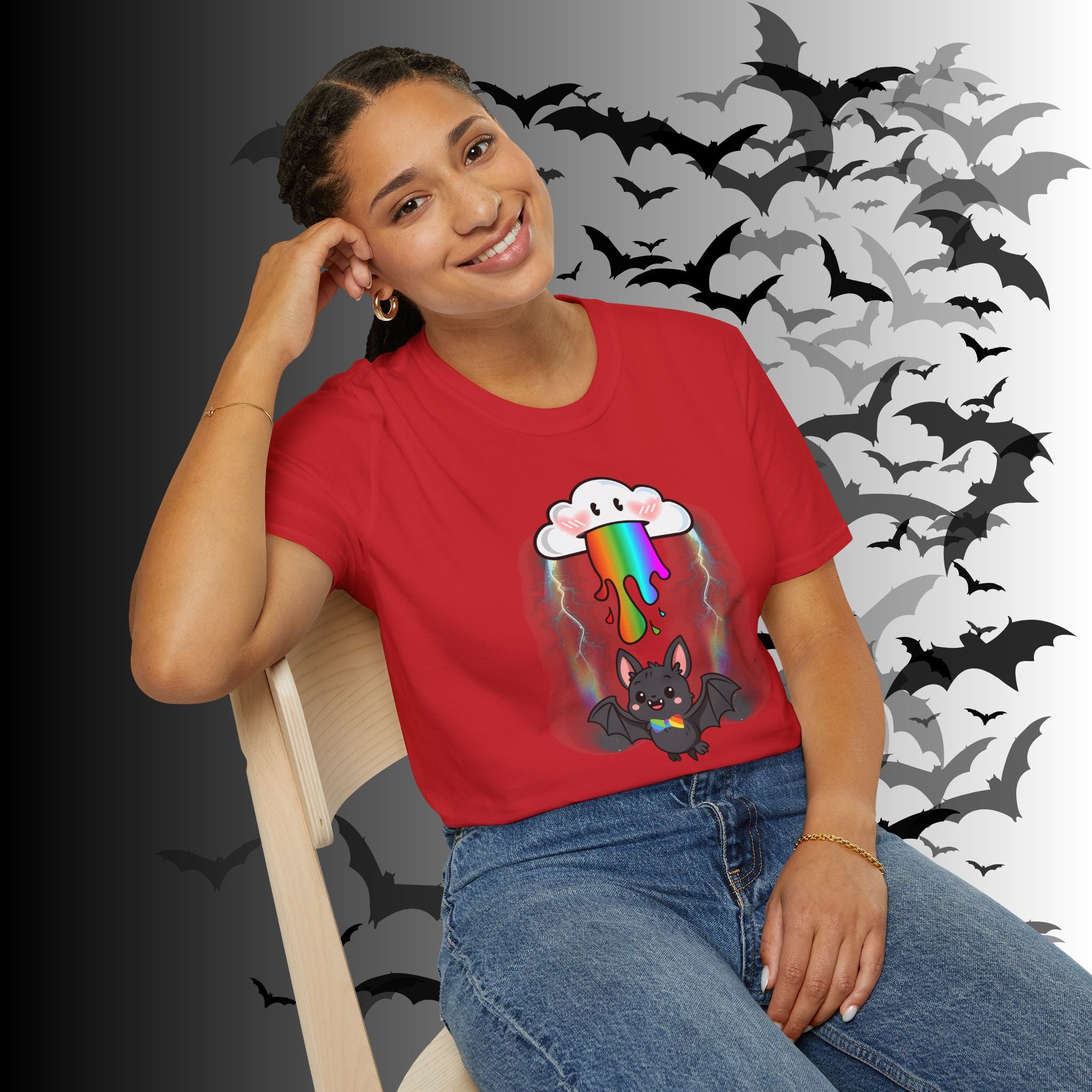 Rainbow Vomit Cloud Bat T-Shirt — Kawaii Goth Pride Unisex Tee