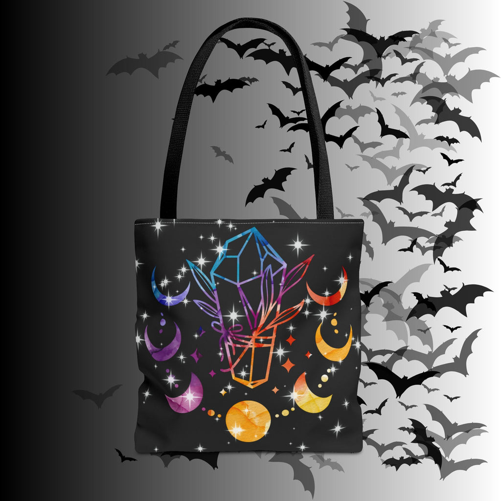 Rainbow Crystal Moon Phase Tote Bag — Celestial Witchy Print