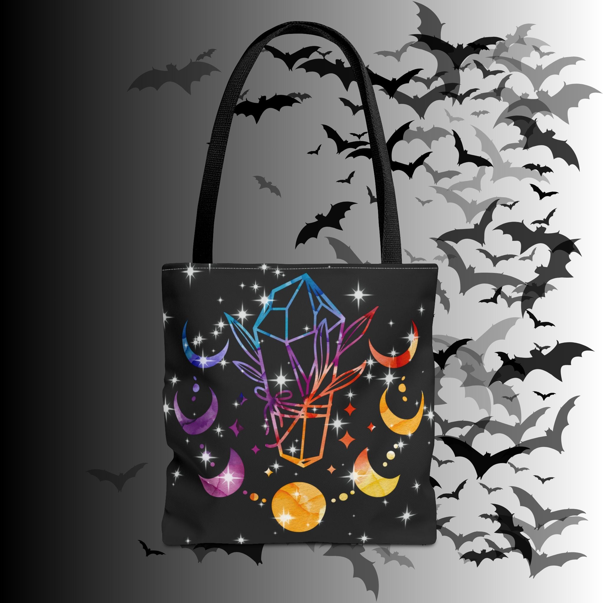 Rainbow Crystal Moon Phase Tote Bag — Celestial Witchy Print