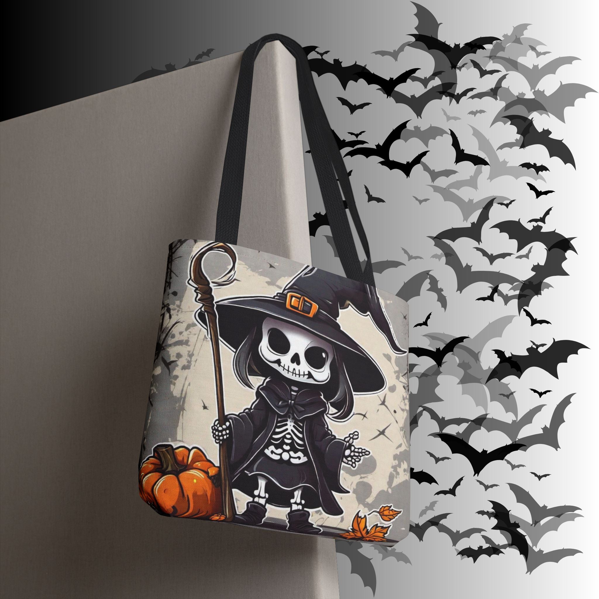 Skeleton Witch Halloween Tote Bag — Spooky Chibi Witch Print