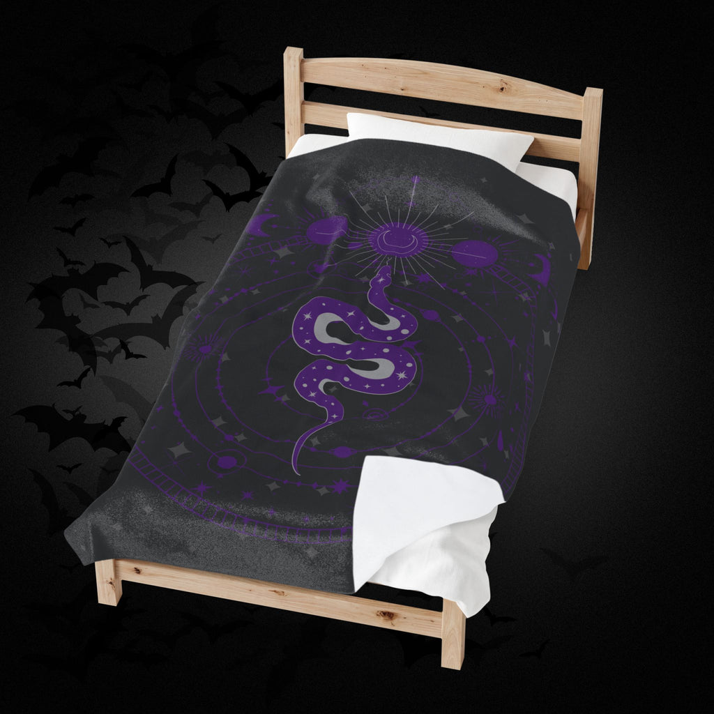 Gothic Celestial Snake Moon Phase Throw Blanket — Purple & Black Witchy Decor