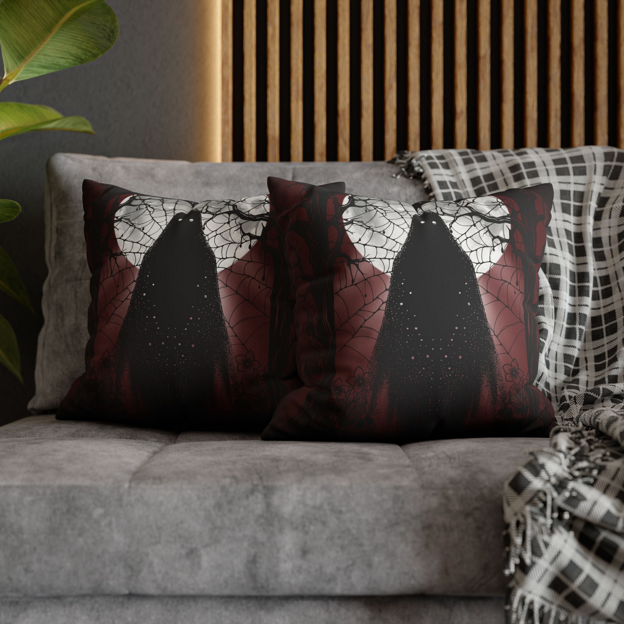 Gothic Ghost Cobweb Moon Throw Pillow — Spooky Halloween Dark Home Decor