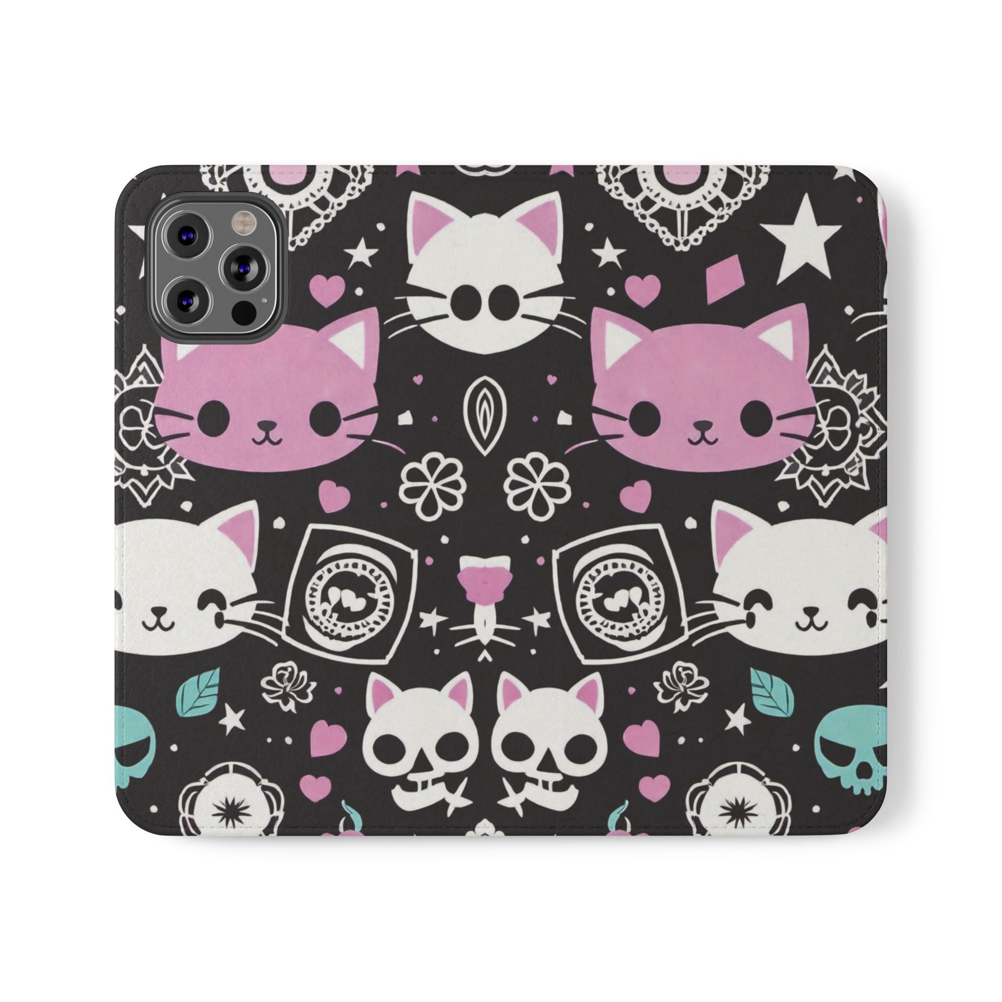 Pastel Goth Cat Flip Wallet Phone Case - Goth Cat Wallet Case for Samsung iPhone - Gothic Style Cats Wallet Phone Cases