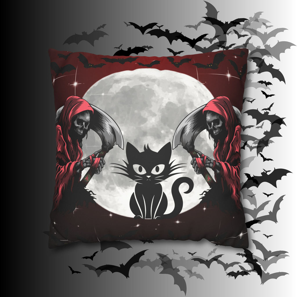 Gothic Black Cat Grim Reaper Throw Pillow — Moonlit Dark Home Decor