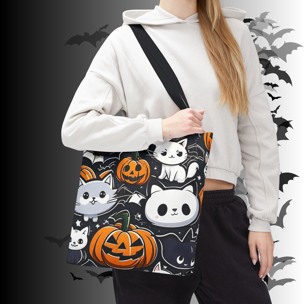 Kawaii Halloween Cat & Pumpkin Tote Bag — Spooky Multi-Cat Pattern