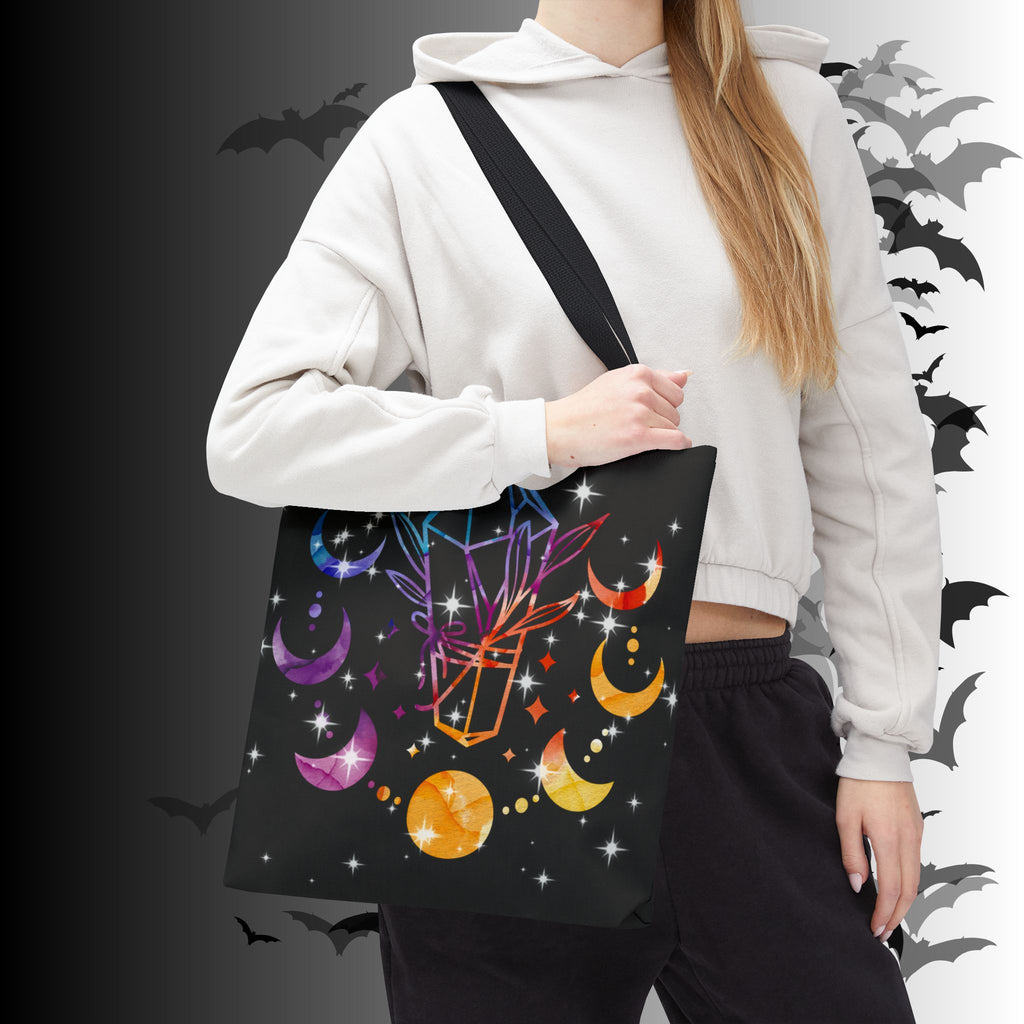 Rainbow Crystal Moon Phase Tote Bag — Celestial Witchy Print