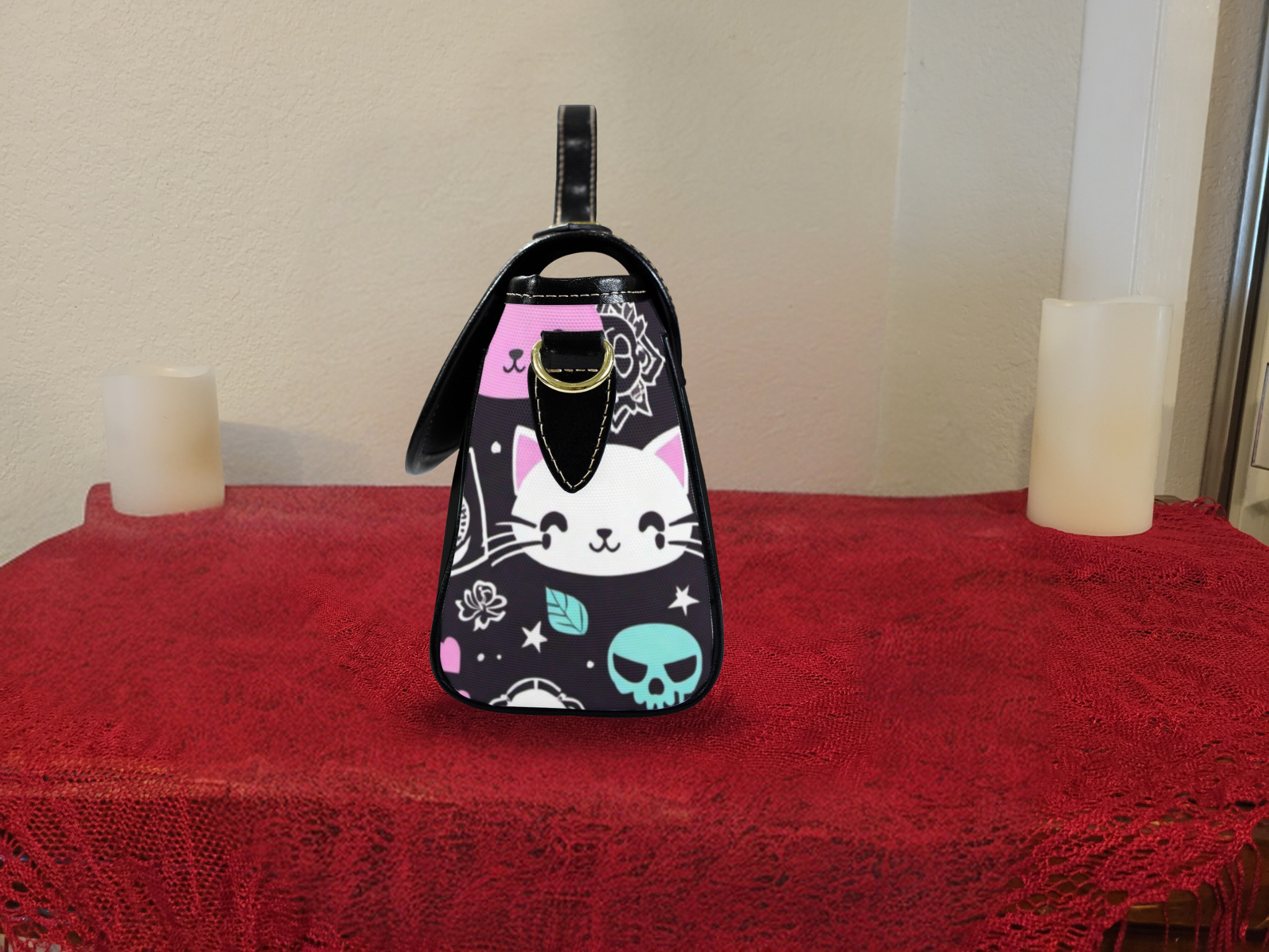 Pastel Goth Kawaii Cat Crossbody Bag | Skull & Stars Waterproof Canvas Satchel Purse