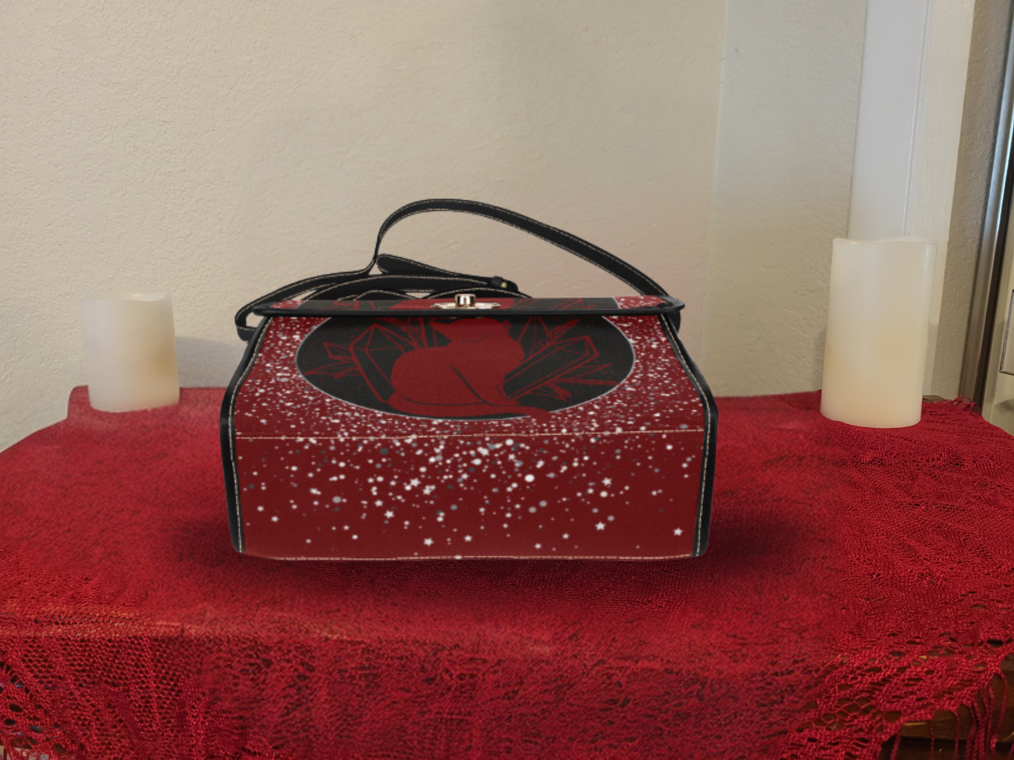 Gothic Witch Cat Pentacle Handbag | Celestial Crystal Waterproof Canvas Crossbody Purse