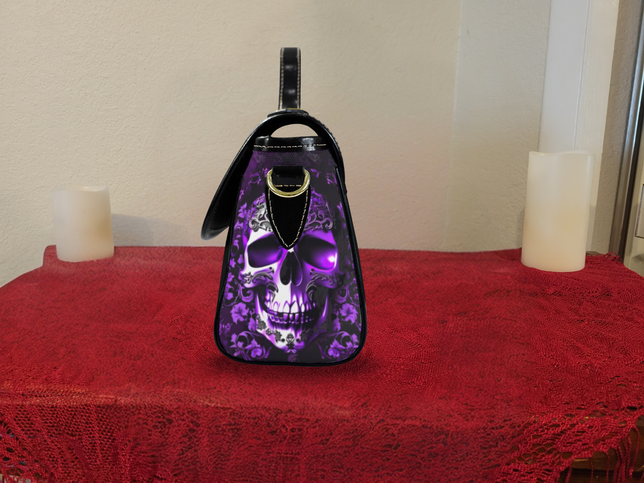 Purple Floral Skull Crossbody Bag | Gothic Glowing Skull Waterproof Canvas Satchel Purse