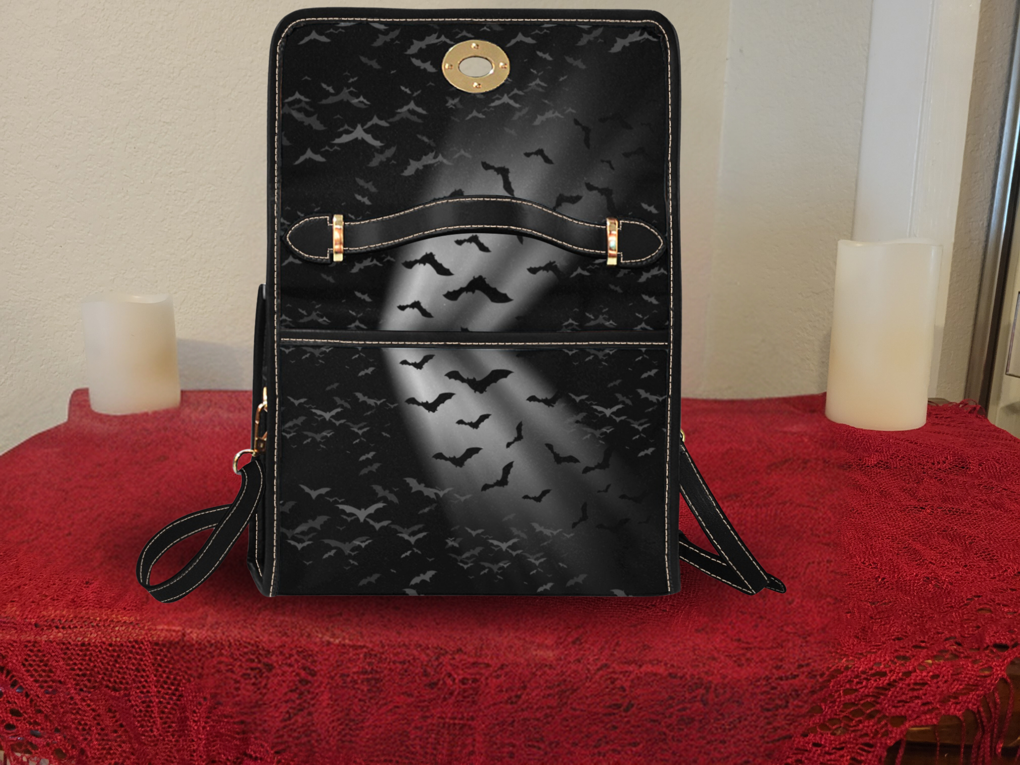 Gothic Bat Print Handbag | Moonlit Bats Waterproof Canvas Crossbody Purse