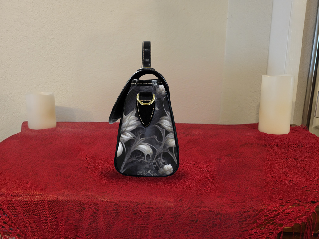 Gothic Botanical Skull Crossbody Bag | Dark Floral Lily Waterproof Canvas Satchel Purse