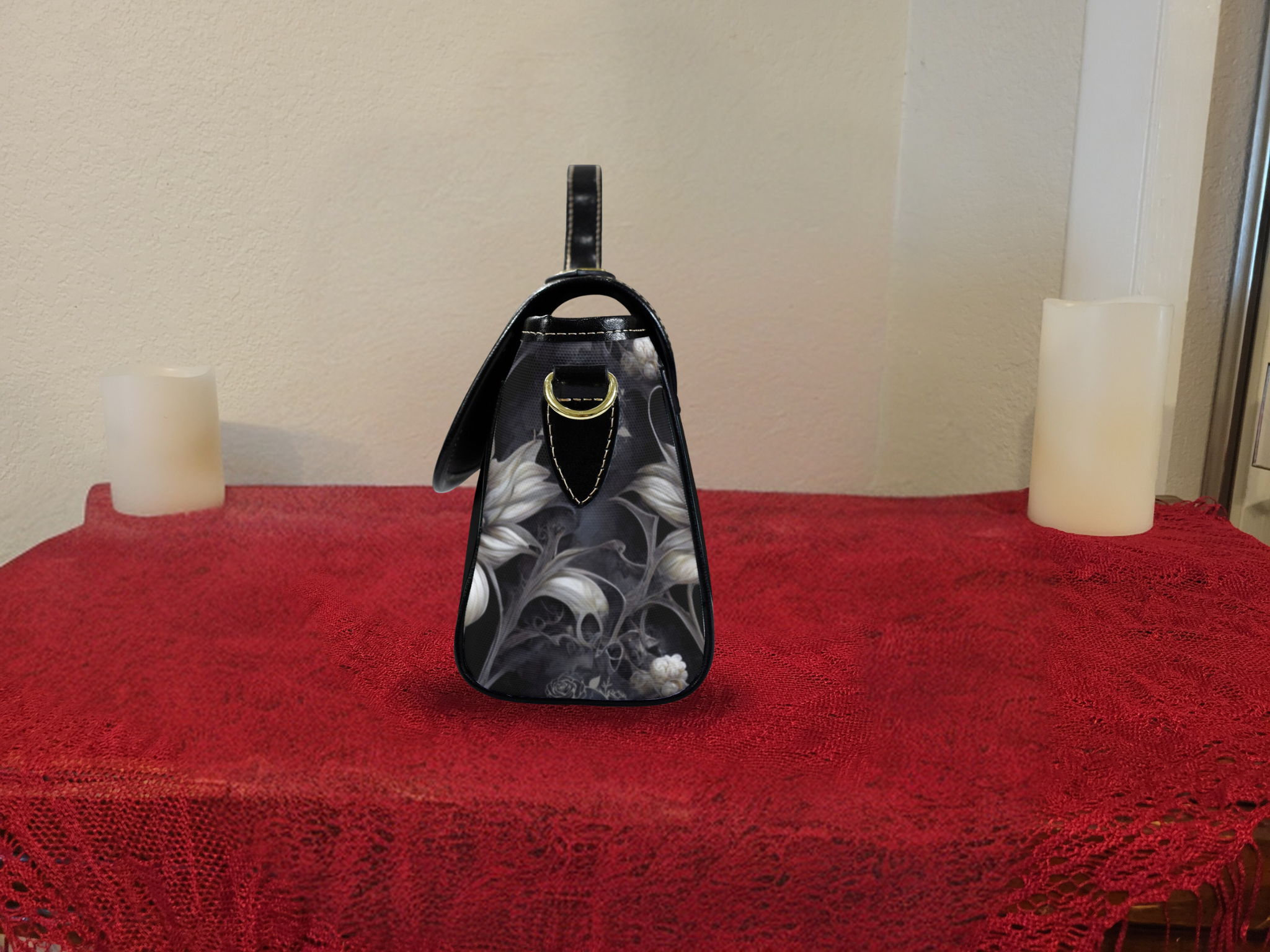 Gothic Botanical Skull Crossbody Bag | Dark Floral Lily Waterproof Canvas Satchel Purse