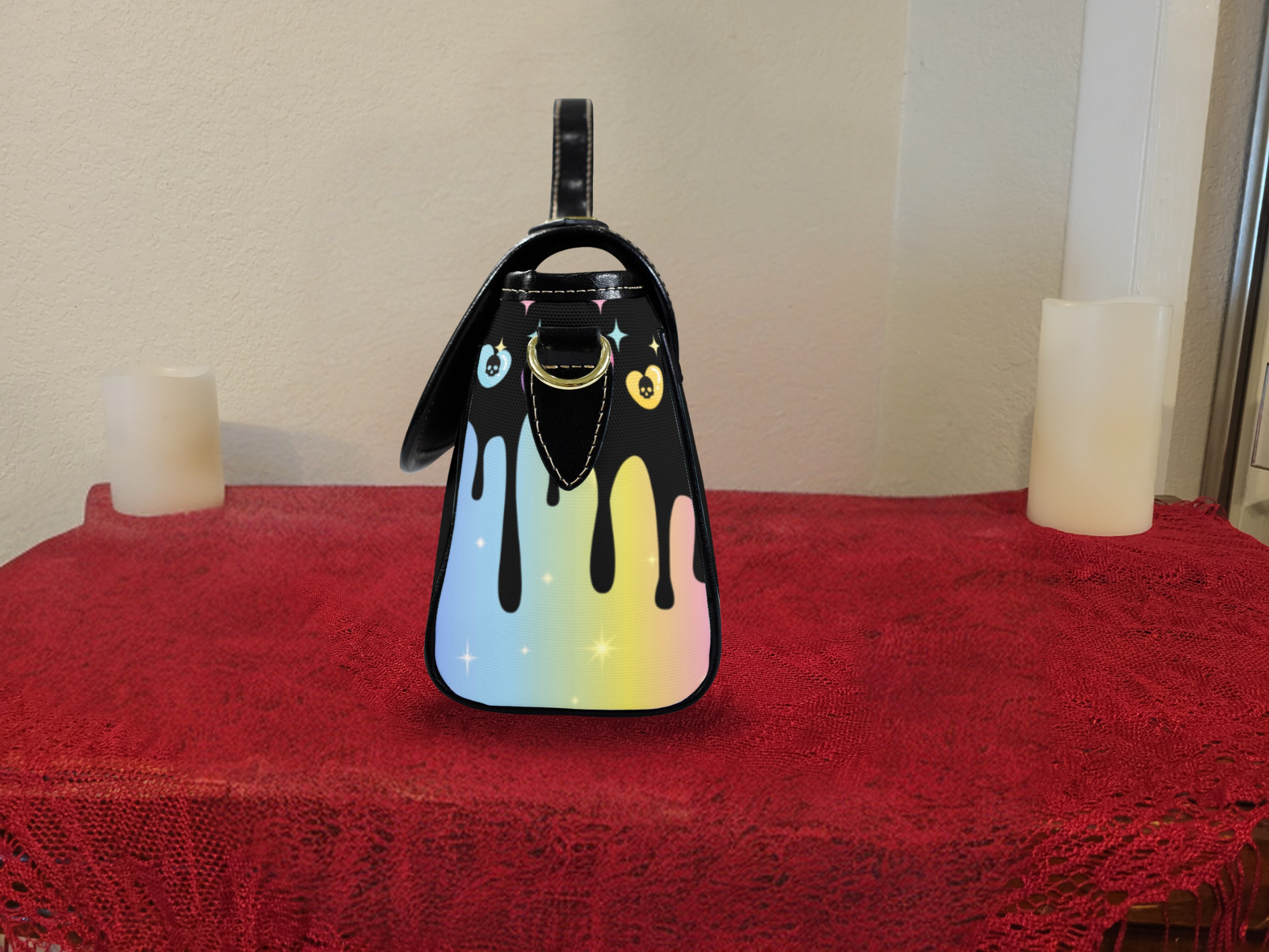 Pastel Goth Rainbow Skull Crossbody Bag | Drippy Skull Waterproof Canvas Satchel Purse