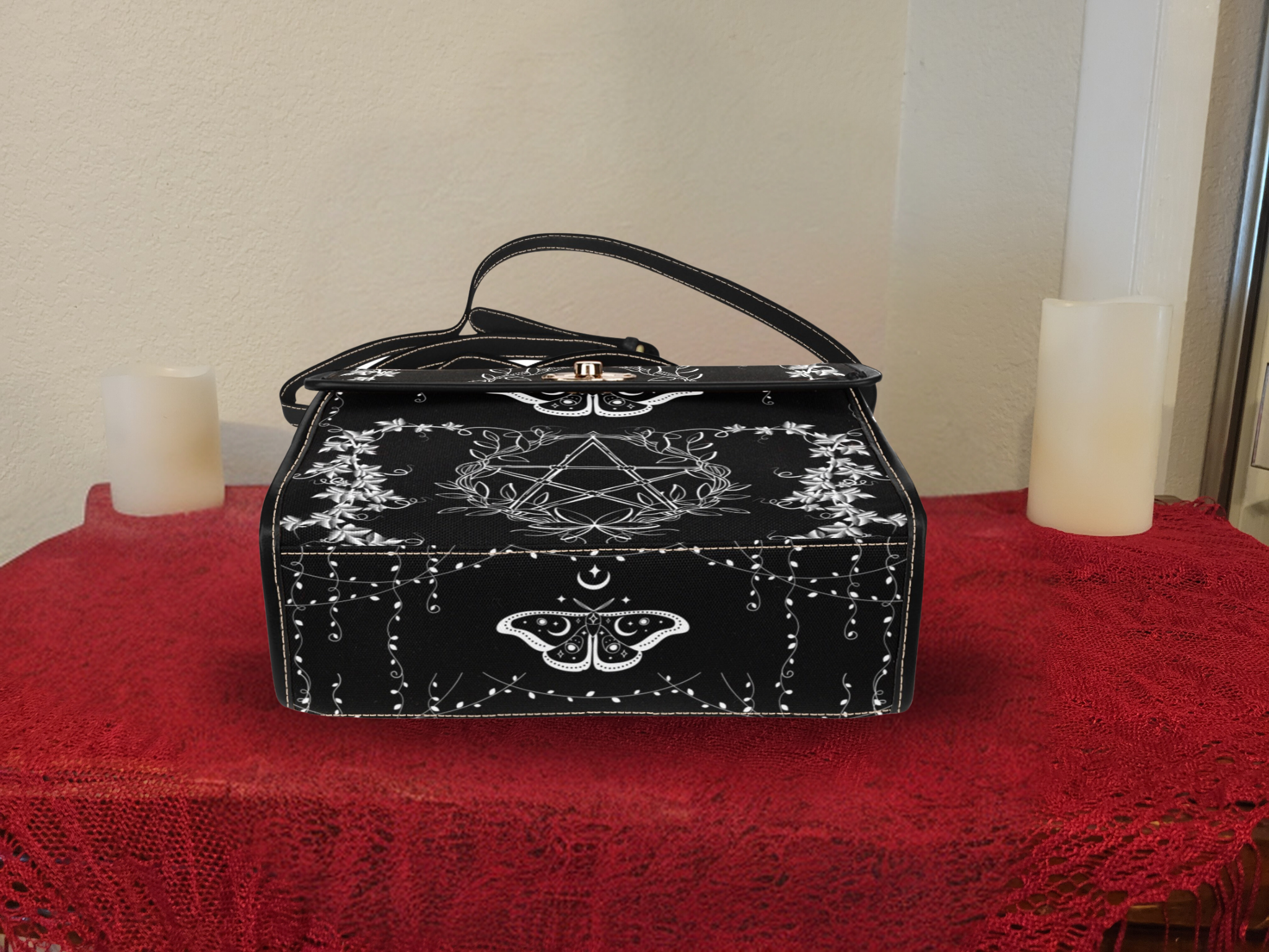 Gothic Luna Moth Pentacle Handbag | Wiccan Botanical Waterproof Canvas Crossbody Purse