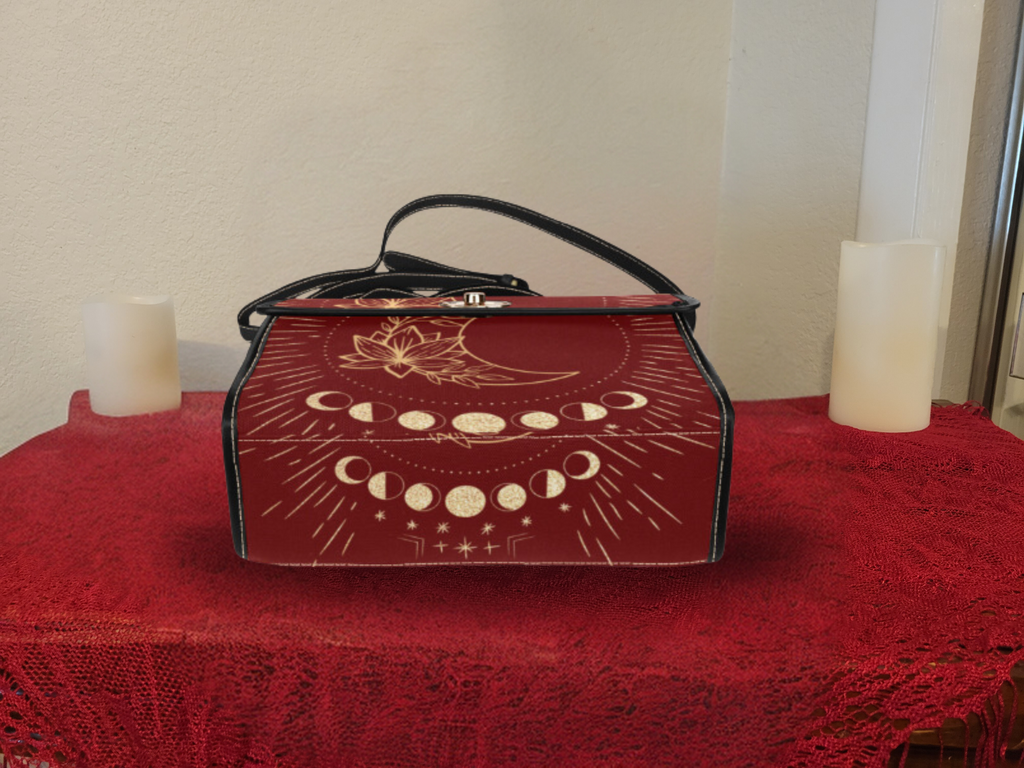 Crimson Moon Phase Lotus Handbag | Witchy Celestial Waterproof Canvas Crossbody Purse