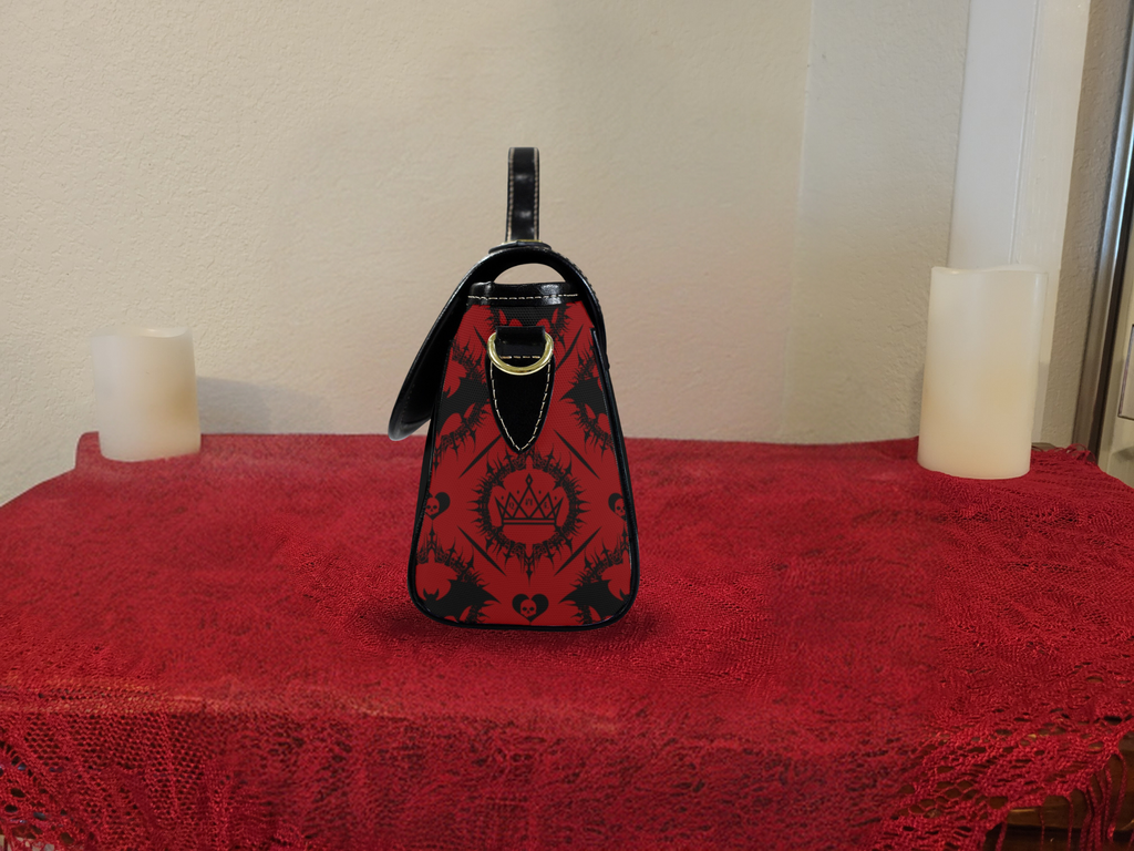 Scarlet Gothic Bat Crossbody Bag | Red & Black Damask Waterproof Canvas Satchel Purse