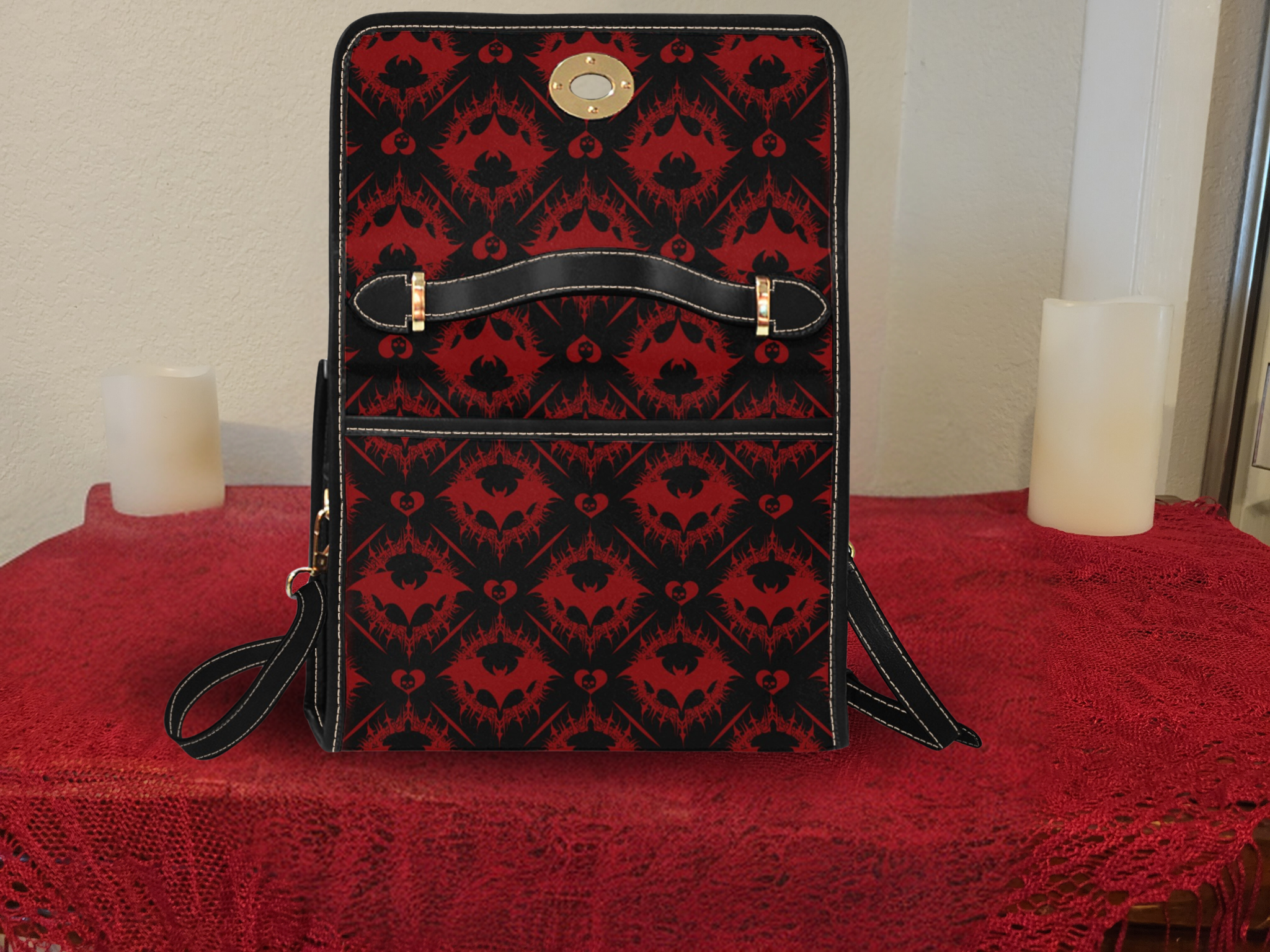 Gothic Bat Pattern Handbag | Red & Black Damask Waterproof Canvas Crossbody Purse