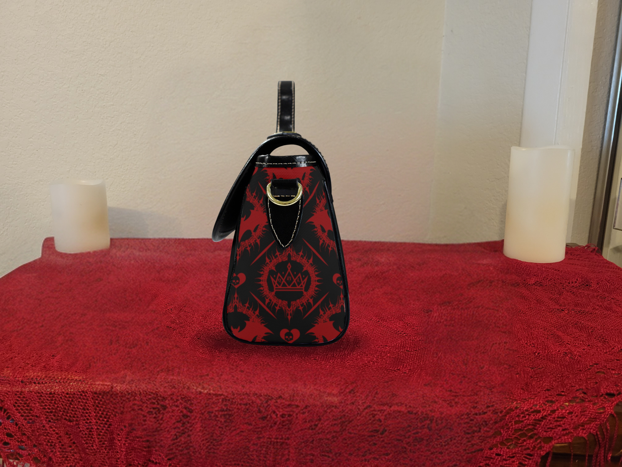 Gothic Bat Pattern Crossbody Bag | Red & Black Damask Waterproof Canvas Satchel Purse