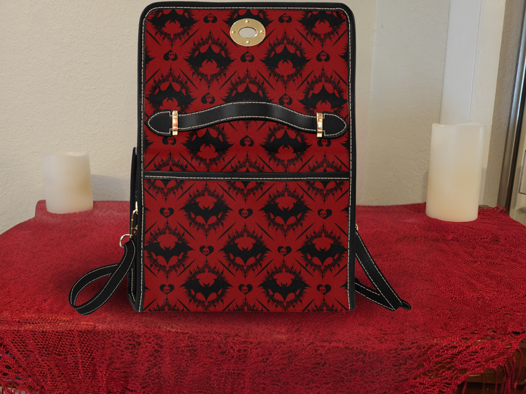 Scarlet Gothic Bat Handbag | Red & Black Damask Waterproof Canvas Crossbody Purse