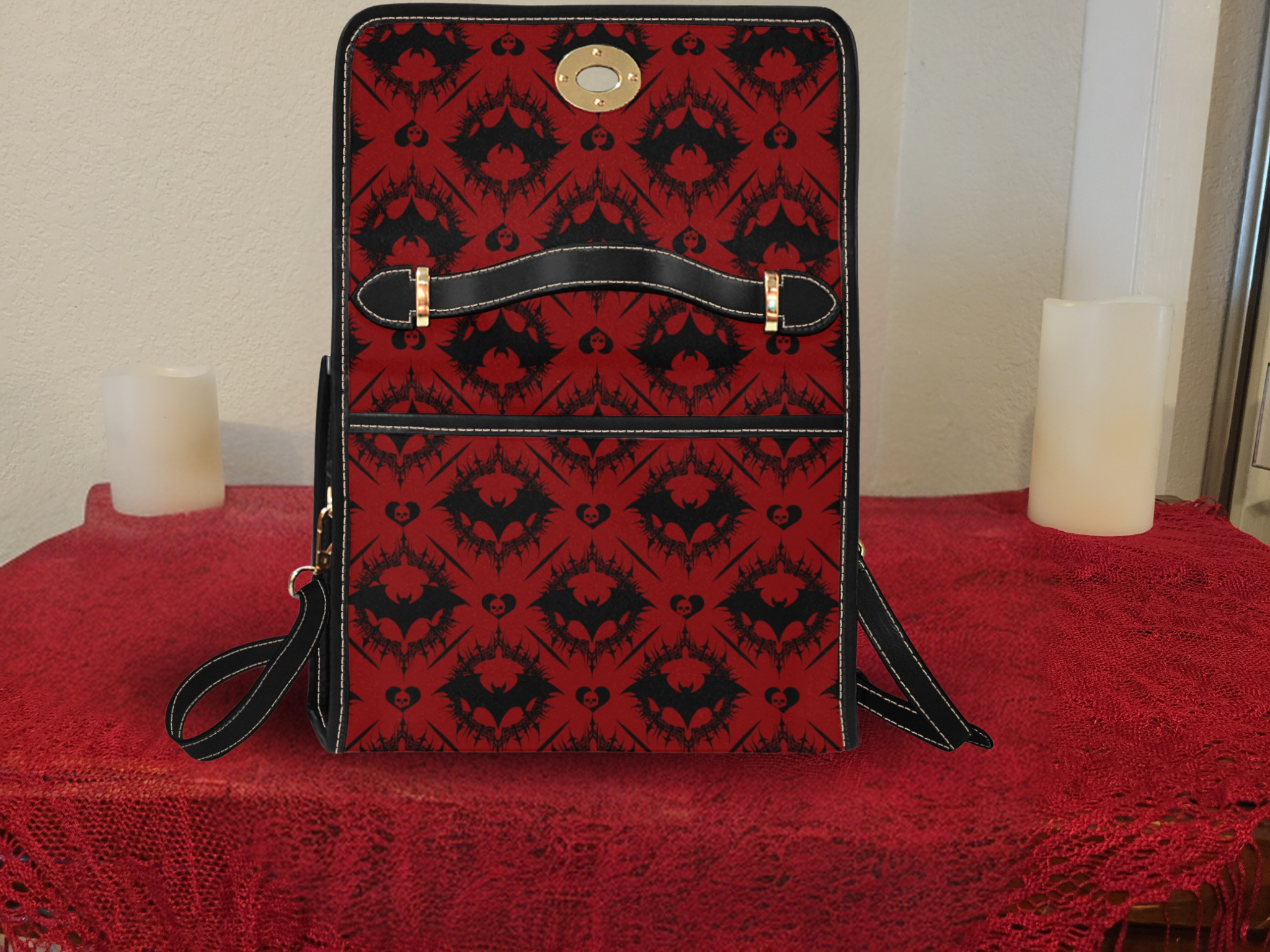 Scarlet Gothic Bat Handbag | Red & Black Damask Waterproof Canvas Crossbody Purse