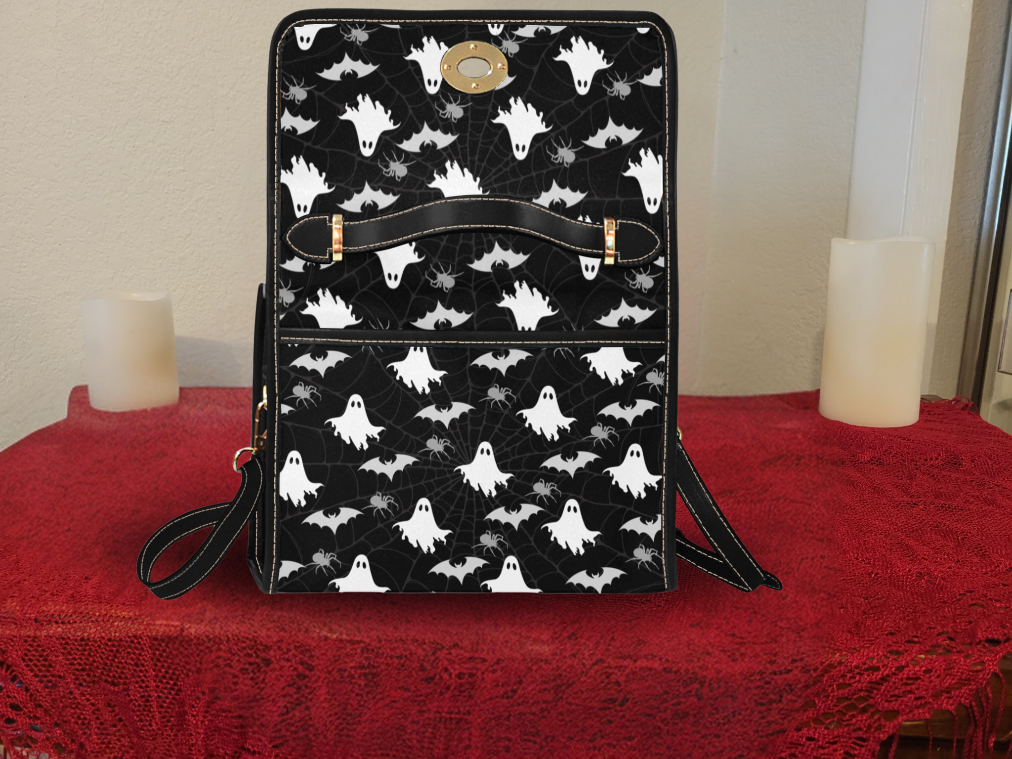 Gothic Ghost & Bat Print Handbag | Spooky Spider Web Waterproof Canvas Crossbody Purse