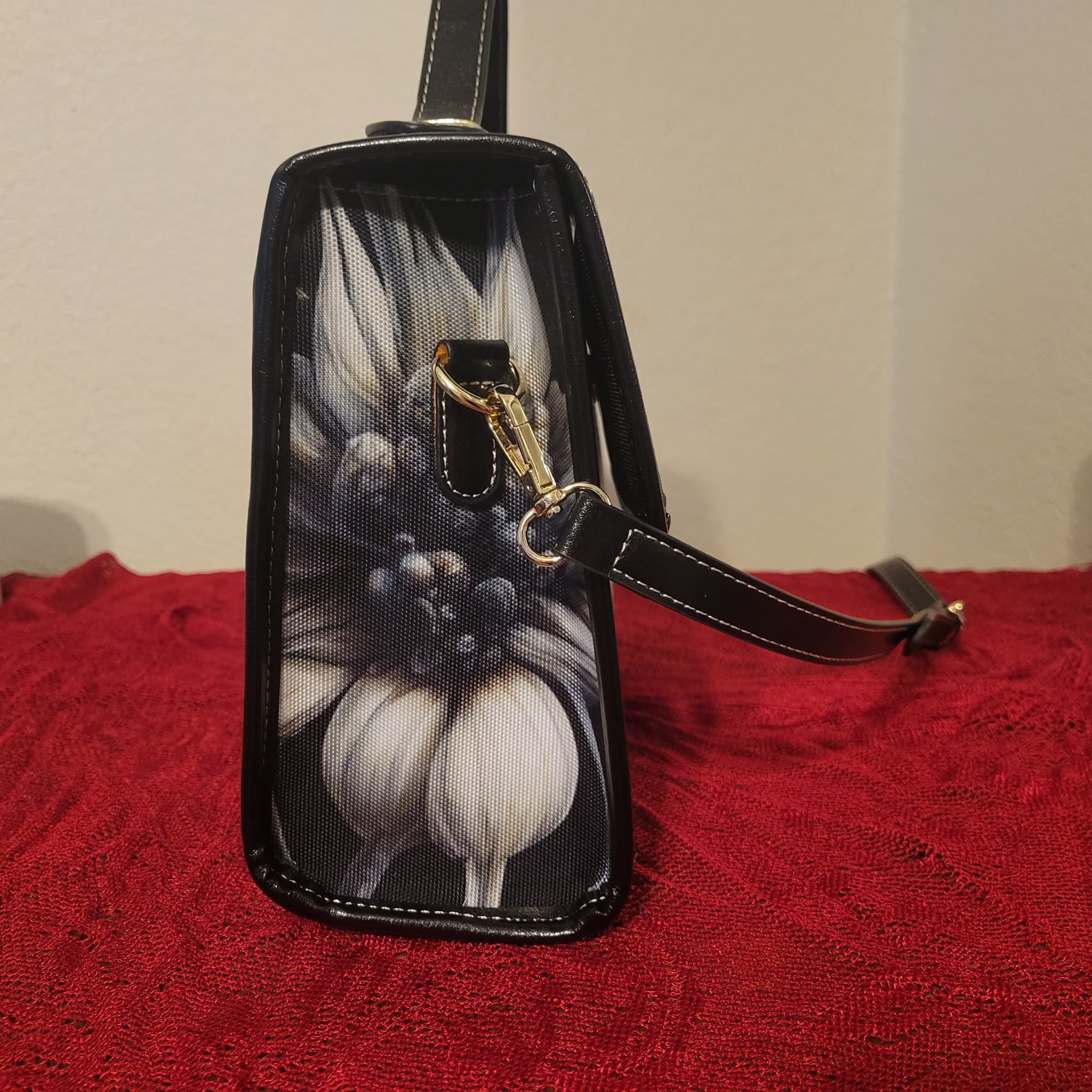 Gothic Botanical Dahlia Handbag | Dark Floral Skull Waterproof Canvas Crossbody Purse