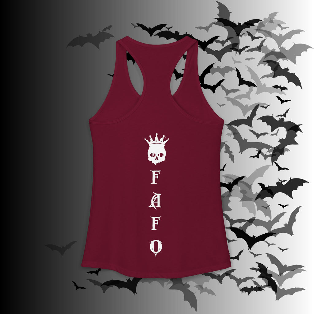 "FAFO" I Identify As A Threat Racerback Tank Top — Gothic Humor Front & Back
