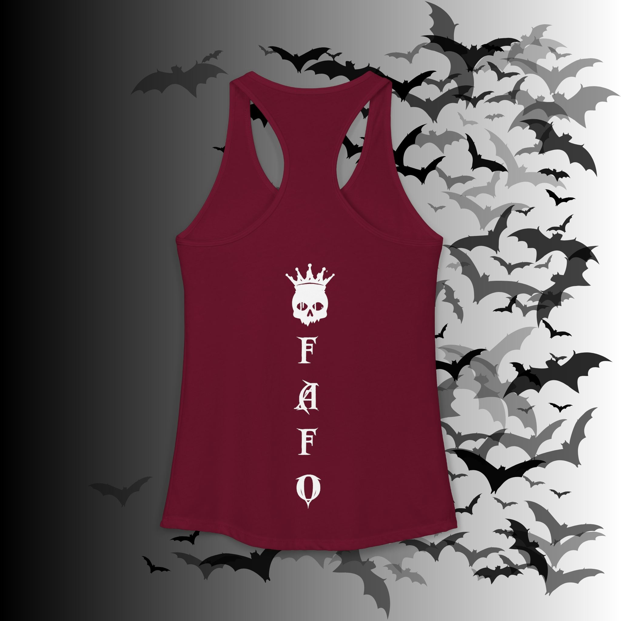 "FAFO" I Identify As A Threat Racerback Tank Top — Gothic Humor Front & Back