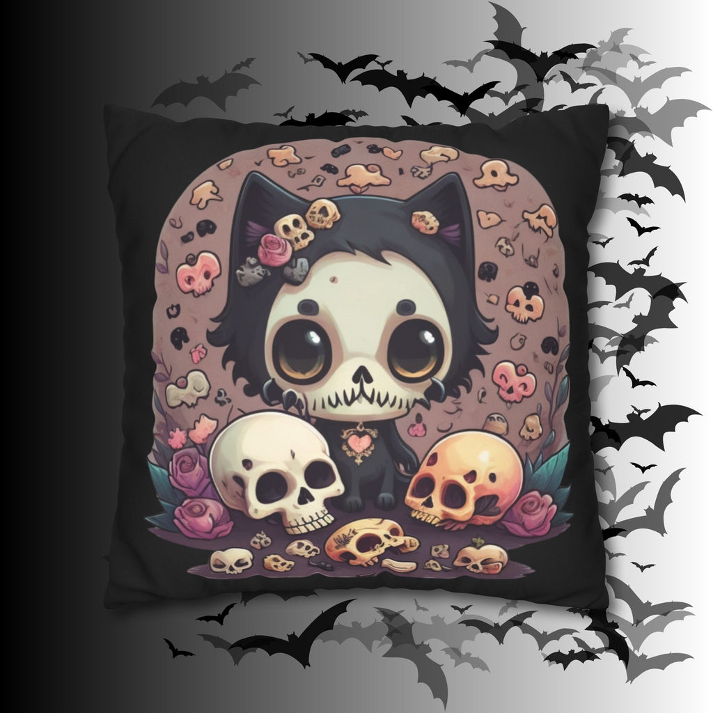 Gothic Skull Face Cat Throw Pillow — Creepy Cute Pastel Goth Home Decor